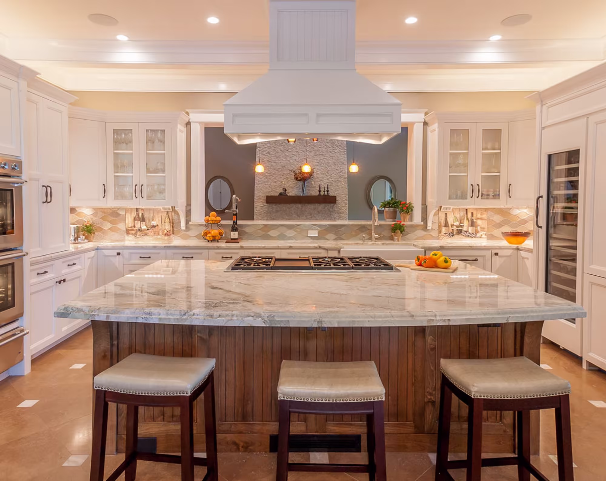 Marble island estate kitchen remodel with white cabinetry in Santa Rosa, CA