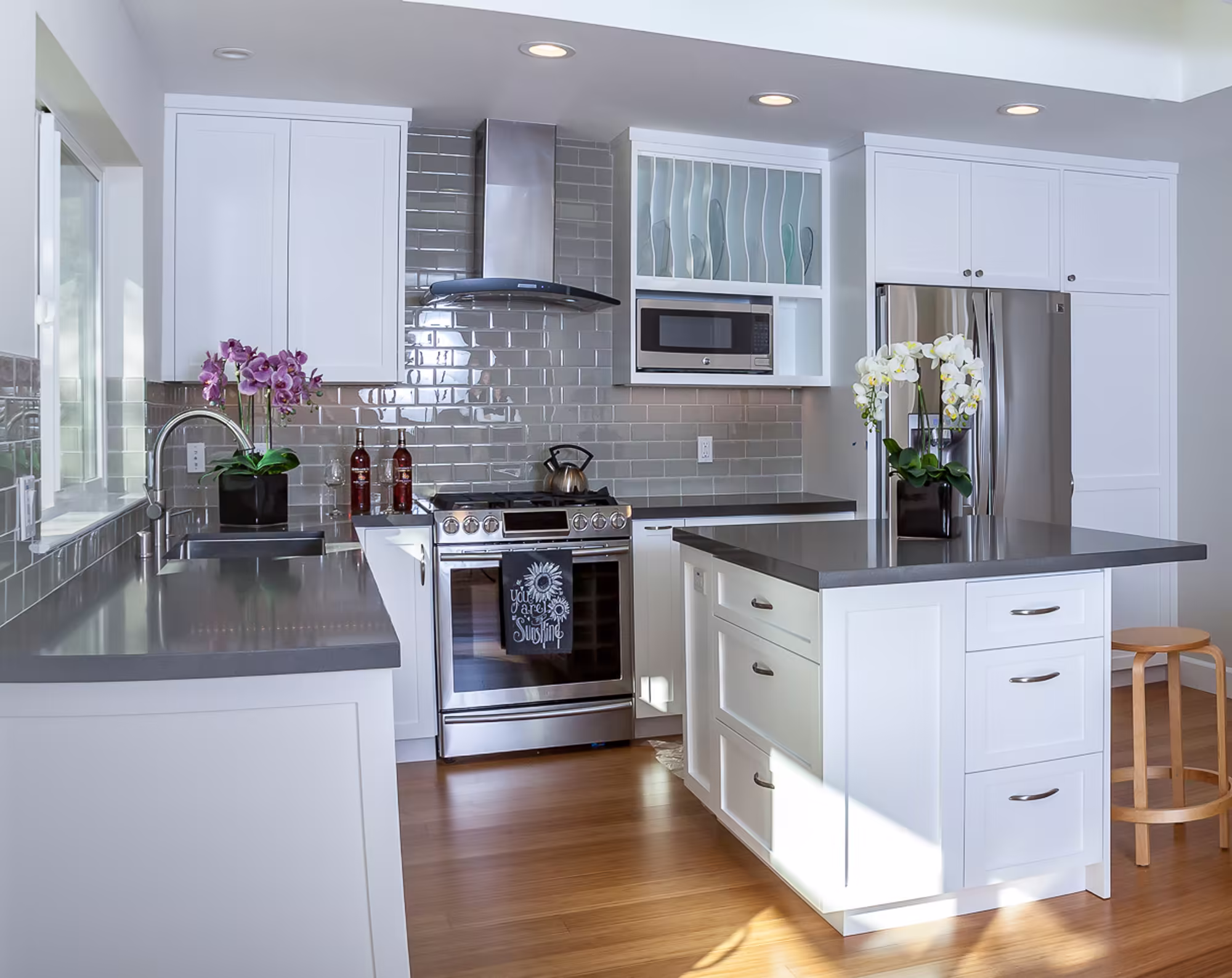 Modern bungalow kitchen remodel with grey quartz countertops in Sebastopol, CA